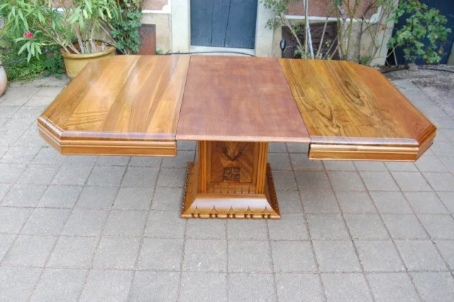 Art Deco walnut dining table with extensions, seats 14