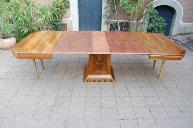 Art Deco walnut dining table with extensions, seats 14