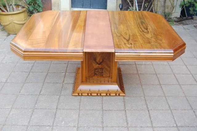 Art Deco walnut dining table with extensions, seats 14