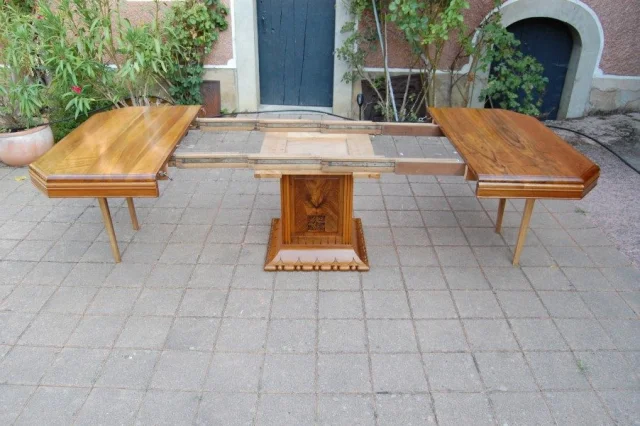 Art Deco walnut dining table with extensions, seats 14