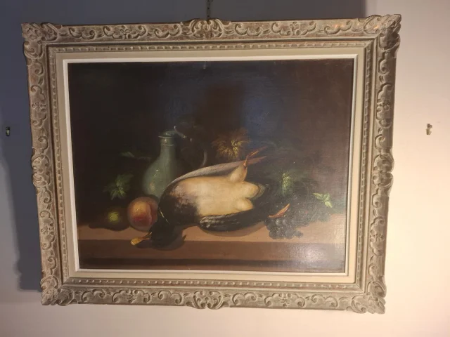 Still life with duck and fruit, oil on canvas, 19th century — Very good condition
