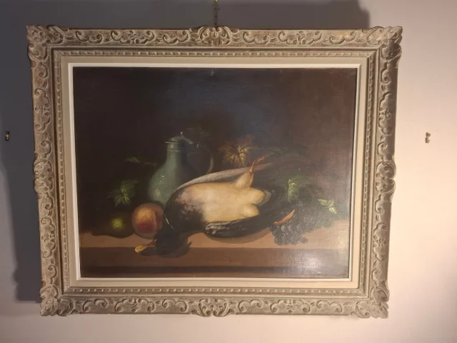 Still life with duck and fruit, oil on canvas, 19th century — Very good condition