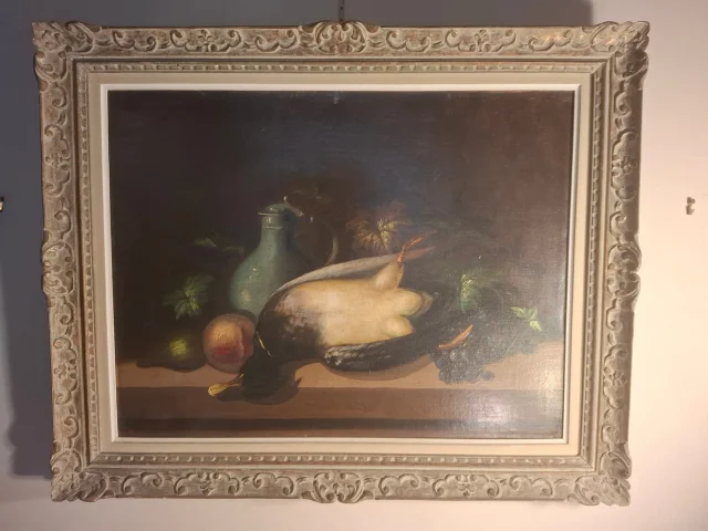 Still life with duck and fruit, oil on canvas, 19th century — Very good condition