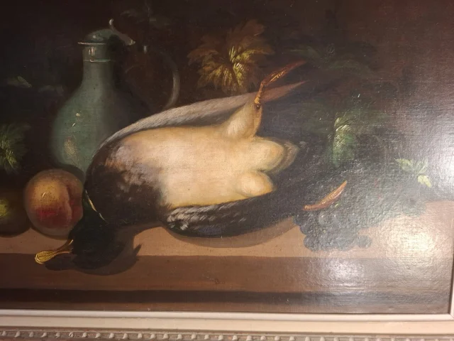 Still life with duck and fruit, oil on canvas, 19th century — Very good condition
