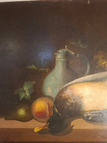 Still life with duck and fruit, oil on canvas, 19th century — Very good condition
