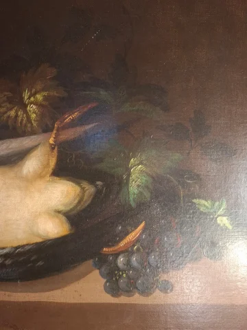 Still life with duck and fruit, oil on canvas, 19th century — Very good condition