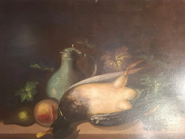 Still life with duck and fruit, oil on canvas, 19th century — Very good condition