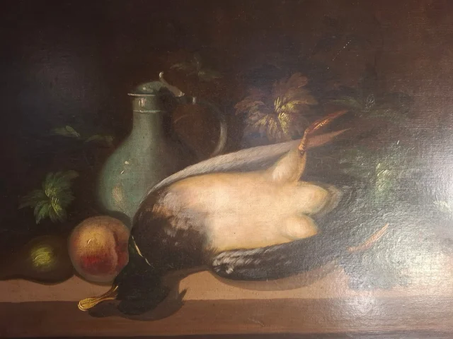 Still life with duck and fruit, oil on canvas, 19th century — Very good condition