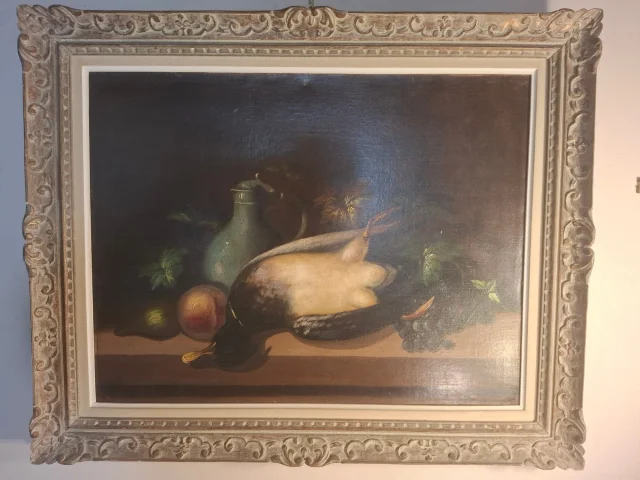 Still life with duck and fruit, oil on canvas, 19th century — Very good condition