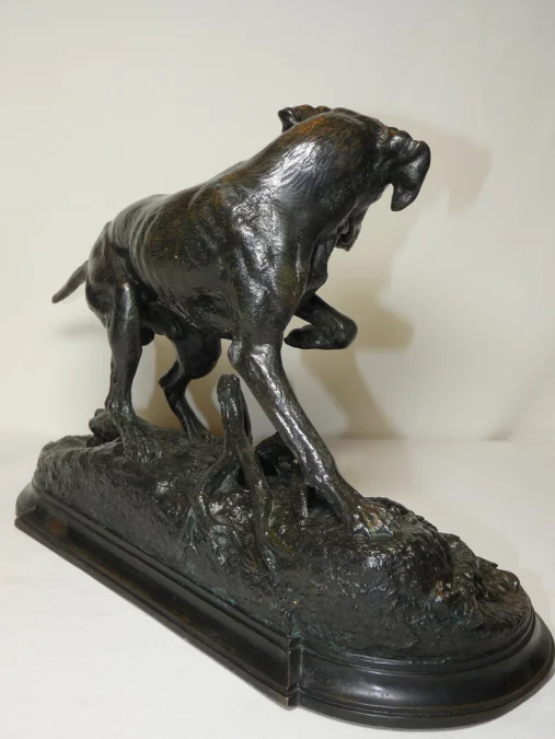 Bronze animalier "Braque à l'arrêt sur un lézard" j. Moigniez fonte ancie. 19ème