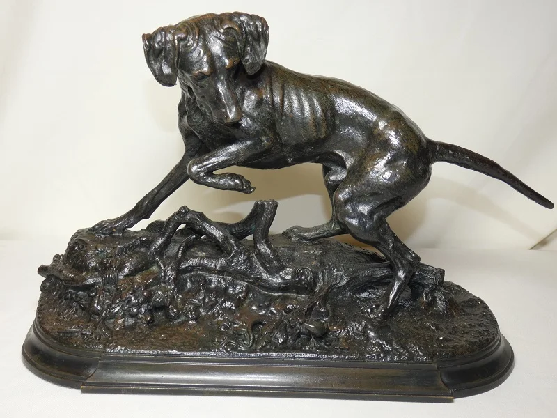 Bronze animalier "Braque à l'arrêt sur un lézard" j. Moigniez fonte ancie. 19ème