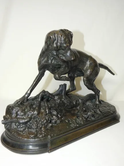 Bronze animalier "Braque à l'arrêt sur un lézard" j. Moigniez fonte ancie. 19ème