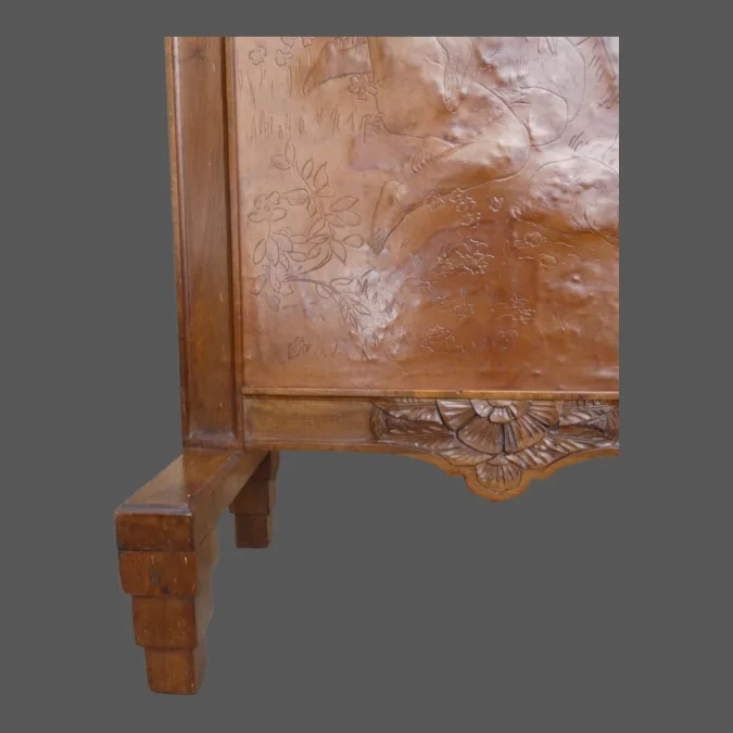 Ecran de cheminée pare feu Art Déco en noyer et cuir