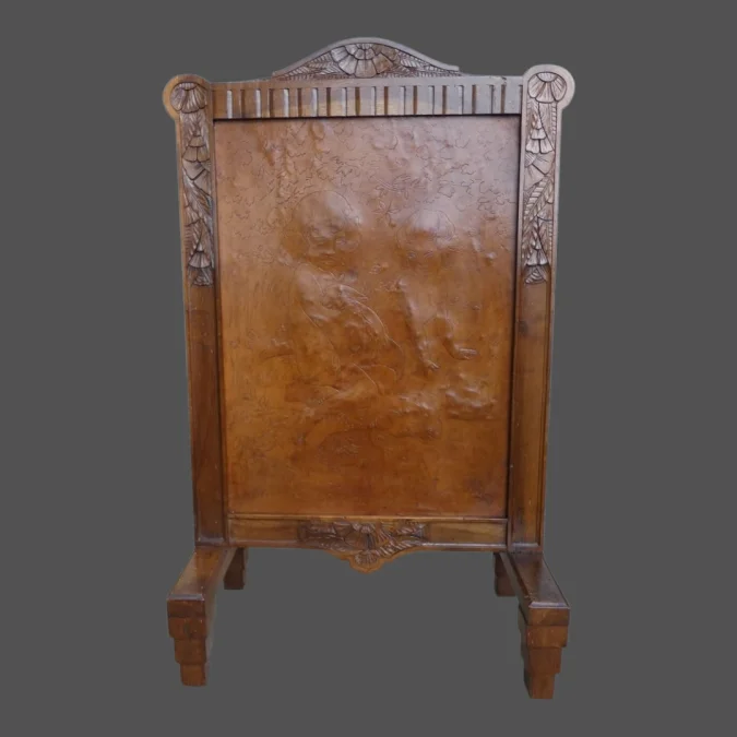 Ecran de cheminée pare feu Art Déco en noyer et cuir