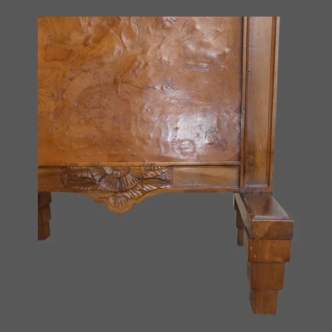 Ecran de cheminée pare feu Art Déco en noyer et cuir