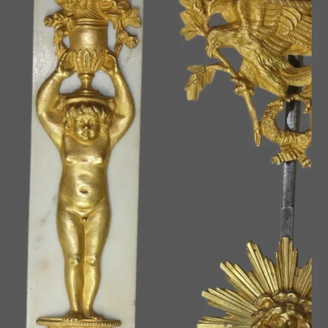 Pendule portique 1er EMPIRE - "LOPIN palais Royal n° 143" Carrare & bronze doré