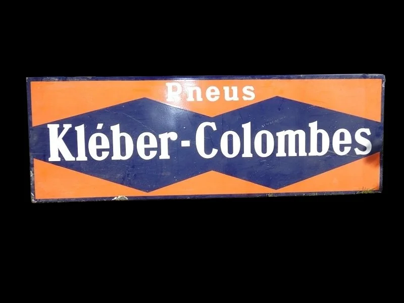 Plaque émaillée ancienne publicitaire "KLEBER-COLOMBES-PNEUS" 193 X 66