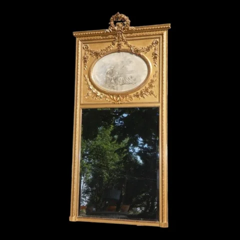 Large Louis XVI style gilt wood and stucco trumeau mirror, Napoléon III period — Very good condition