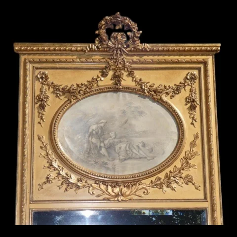 Large Louis XVI style gilt wood and stucco trumeau mirror, Napoléon III period — Very good condition