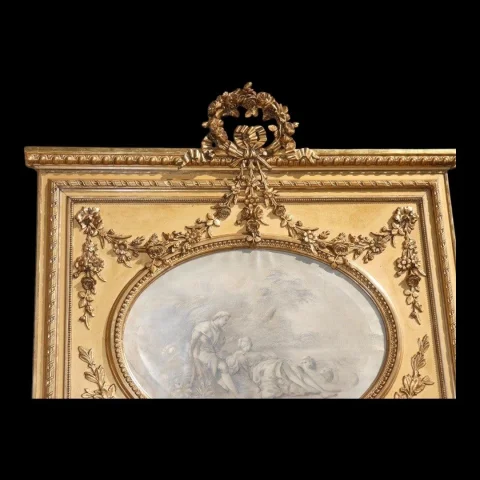 Large Louis XVI style gilt wood and stucco trumeau mirror, Napoléon III period — Very good condition