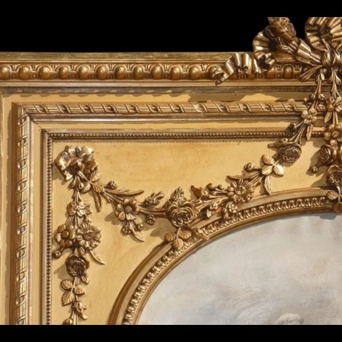 Large Louis XVI style gilt wood and stucco trumeau mirror, Napoléon III period — Very good condition