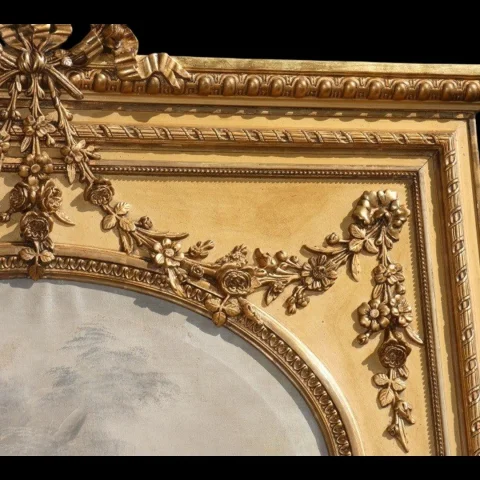 Large Louis XVI style gilt wood and stucco trumeau mirror, Napoléon III period — Very good condition