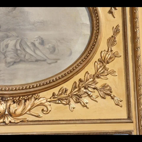 Large Louis XVI style gilt wood and stucco trumeau mirror, Napoléon III period — Very good condition