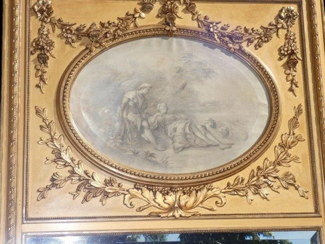 Large Louis XVI style gilt wood and stucco trumeau mirror, Napoléon III period — Very good condition