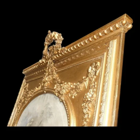 Large Louis XVI style gilt wood and stucco trumeau mirror, Napoléon III period — Very good condition