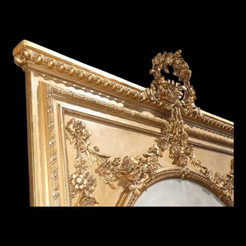 Large Louis XVI style gilt wood and stucco trumeau mirror, Napoléon III period — Very good condition