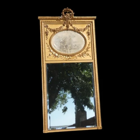 Large Louis XVI style gilt wood and stucco trumeau mirror, Napoléon III period — Very good condition