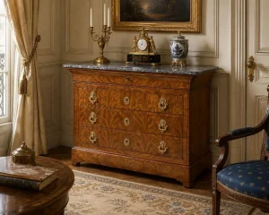 Kommode der Charles-X-Epoche – Flammfurnier aus Mahagoni und originaler Marmor – 1830
