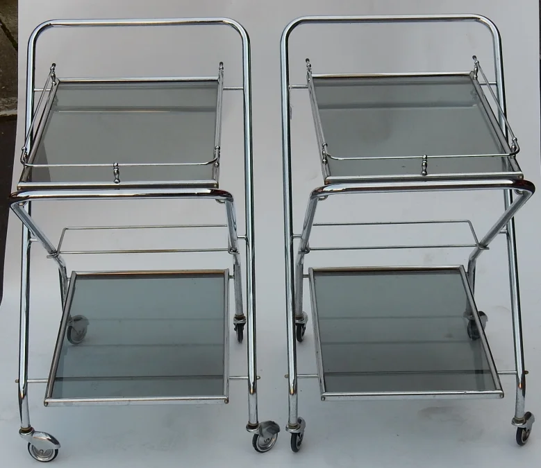 1950/70's  Rolling Bar of Journey and Campstool, in Chrome-plated Metal In the Style of Jacques Adnet