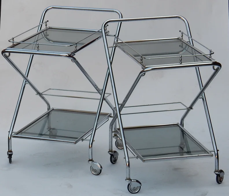 1950/70's  Rolling Bar of Journey and Campstool, in Chrome-plated Metal In the Style of Jacques Adnet