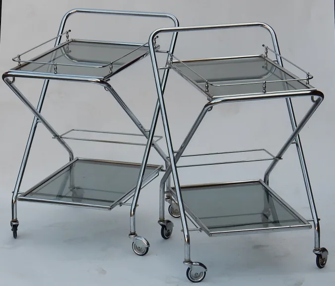 1950/70' Bar Roulant de Voyage et Pliant en Métal Chromé de Style Jacques Adnet