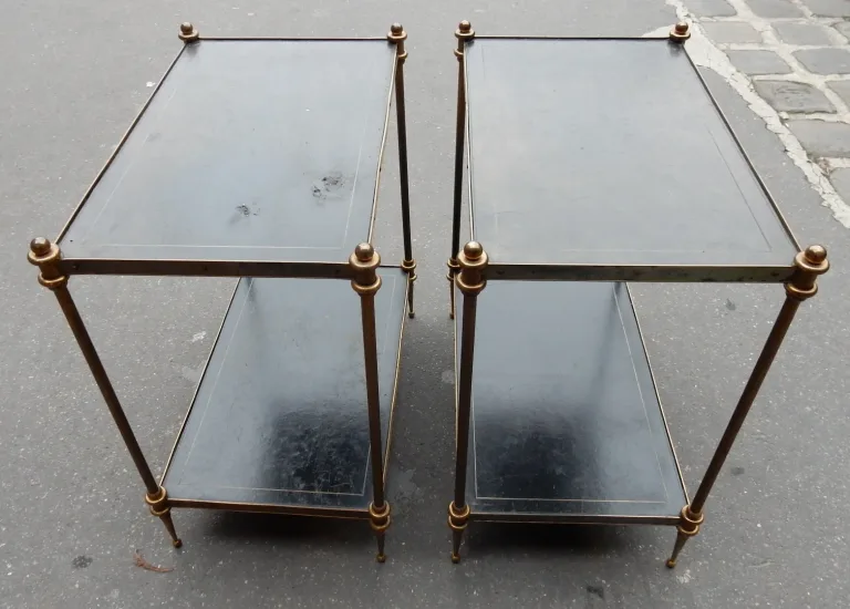 1950-70 ‘Pair of Bronze Sofa Tables Maison Baguès and 2 trays Sheath Black Gilded Leather 53 X 33 cm