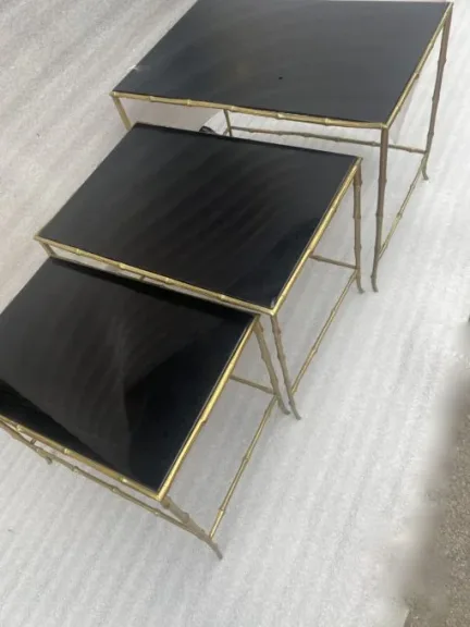 1970′ Maison Baguès Nesting Tables, 3 Black Mirror Trays and Bamboo Decor Uprights 61 X 40 X H 45 cm