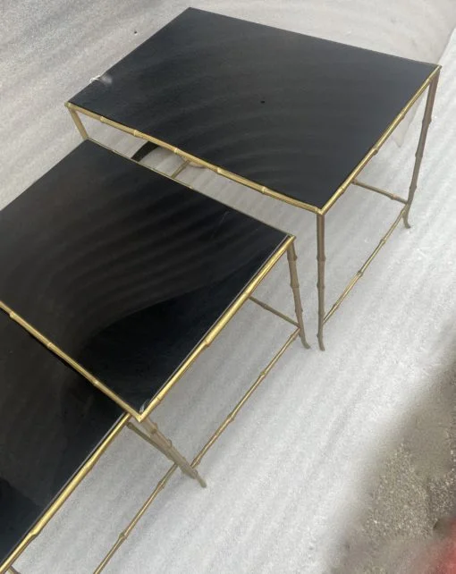 1970′ Maison Baguès Nesting Tables, 3 Black Mirror Trays and Bamboo Decor Uprights 61 X 40 X H 45 cm