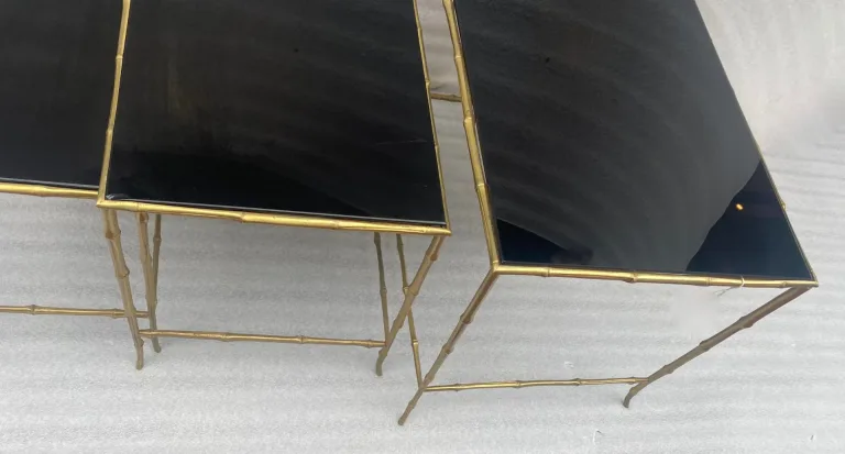 1970′ Maison Baguès Nesting Tables, 3 Black Mirror Trays and Bamboo Decor Uprights 61 X 40 X H 45 cm