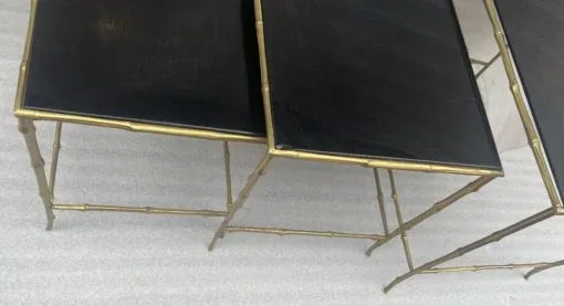 1970′ Maison Baguès Nesting Tables, 3 Black Mirror Trays and Bamboo Decor Uprights 61 X 40 X H 45 cm
