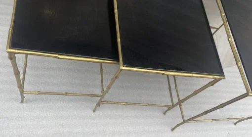 1970′ Maison Baguès Nesting Tables, 3 Black Mirror Trays and Bamboo Decor Uprights 61 X 40 X H 45 cm