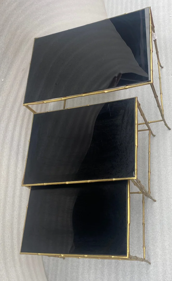 1970′ Maison Baguès Nesting Tables, 3 Black Mirror Trays and Bamboo Decor Uprights 61 X 40 X H 45 cm