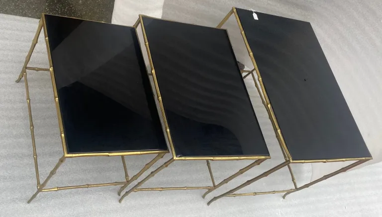 1970′ Maison Baguès Nesting Tables, 3 Black Mirror Trays and Bamboo Decor Uprights 61 X 40 X H 45 cm