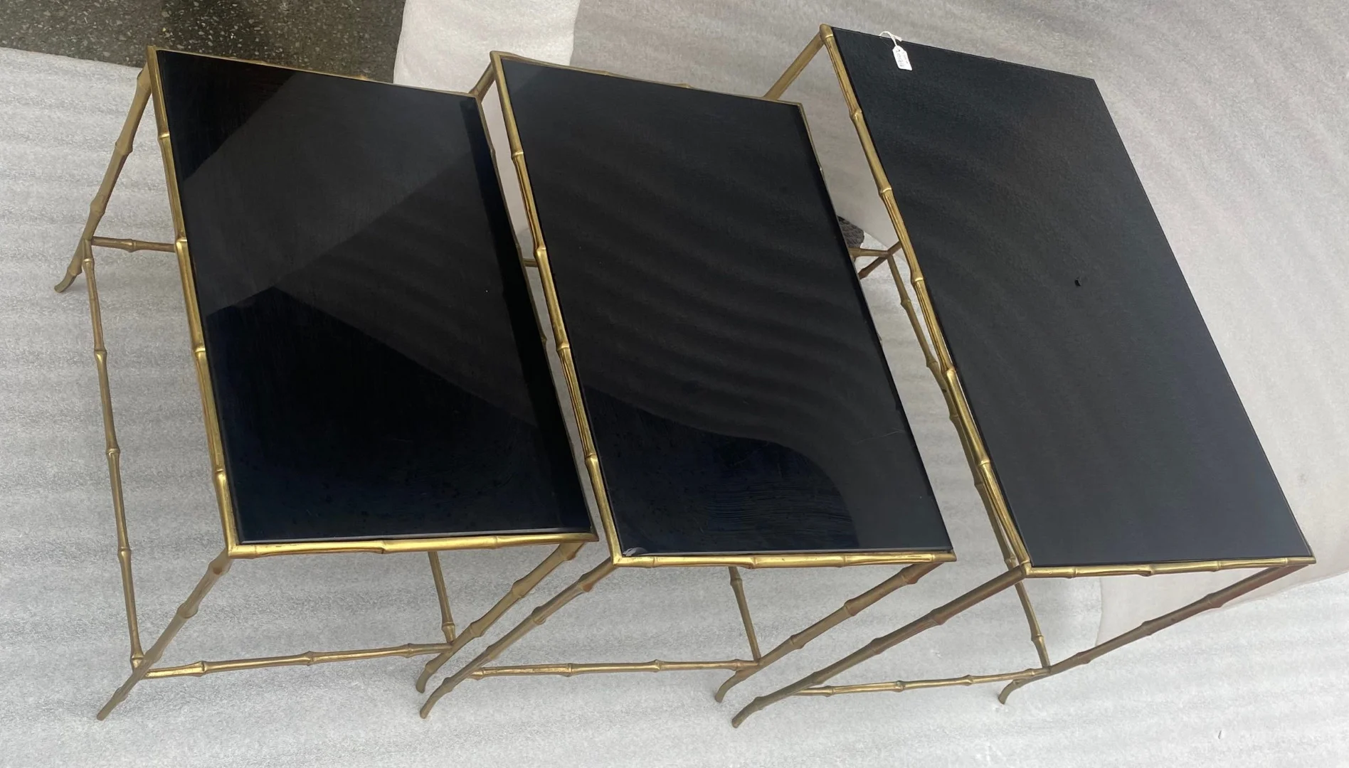 1970′ Maison Baguès Nesting Tables, 3 Black Mirror Trays and Bamboo Decor Uprights 61 X 40 X H 45 cm