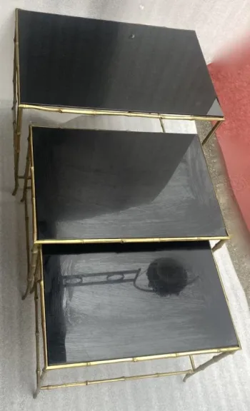 1970′ Maison Baguès Nesting Tables, 3 Black Mirror Trays and Bamboo Decor Uprights 61 X 40 X H 45 cm