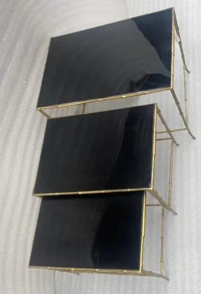 1970′ Maison Baguès Nesting Tables, 3 Black Mirror Trays and Bamboo Decor Uprights 61 X 40 X H 45 cm
