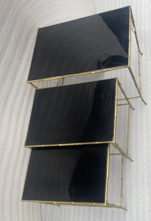 1970′ Maison Baguès Nesting Tables, 3 Black Mirror Trays and Bamboo Decor Uprights 61 X 40 X H 45 cm