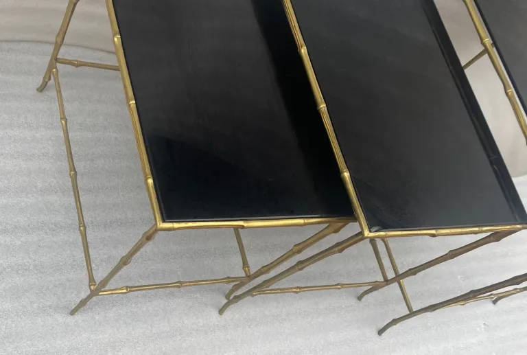 1970′ Maison Baguès Nesting Tables, 3 Black Mirror Trays and Bamboo Decor Uprights 61 X 40 X H 45 cm