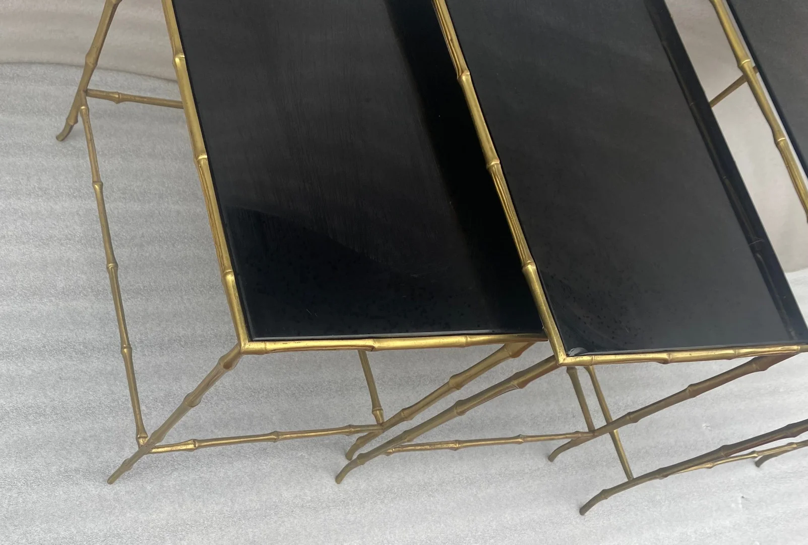 1970′ Maison Baguès Nesting Tables, 3 Black Mirror Trays and Bamboo Decor Uprights 61 X 40 X H 45 cm