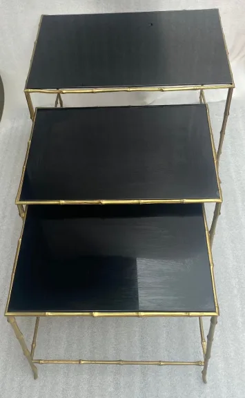 1970′ Maison Baguès Nesting Tables, 3 Black Mirror Trays and Bamboo Decor Uprights 61 X 40 X H 45 cm
